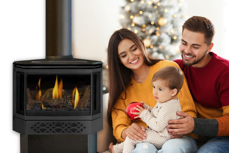 Family next to a gas fireplace